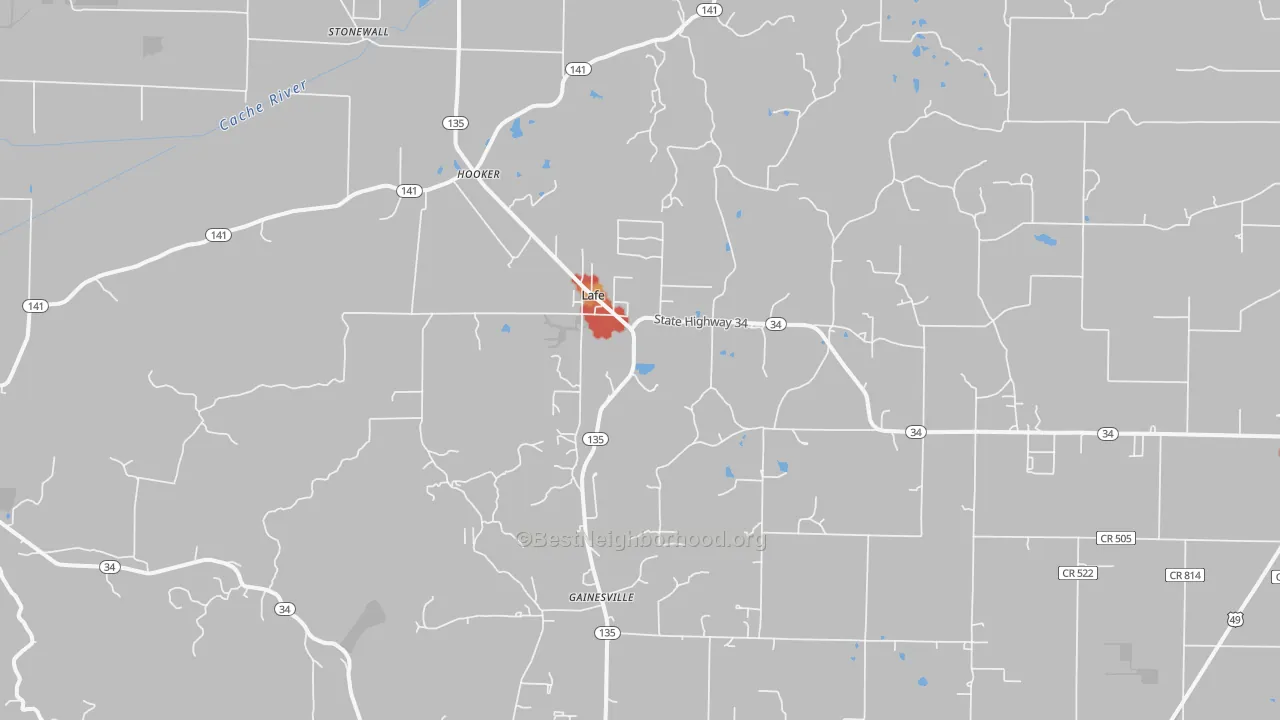 Walk Grade map of Lafe, AR, walkable areas in green and car-dependent areas in red