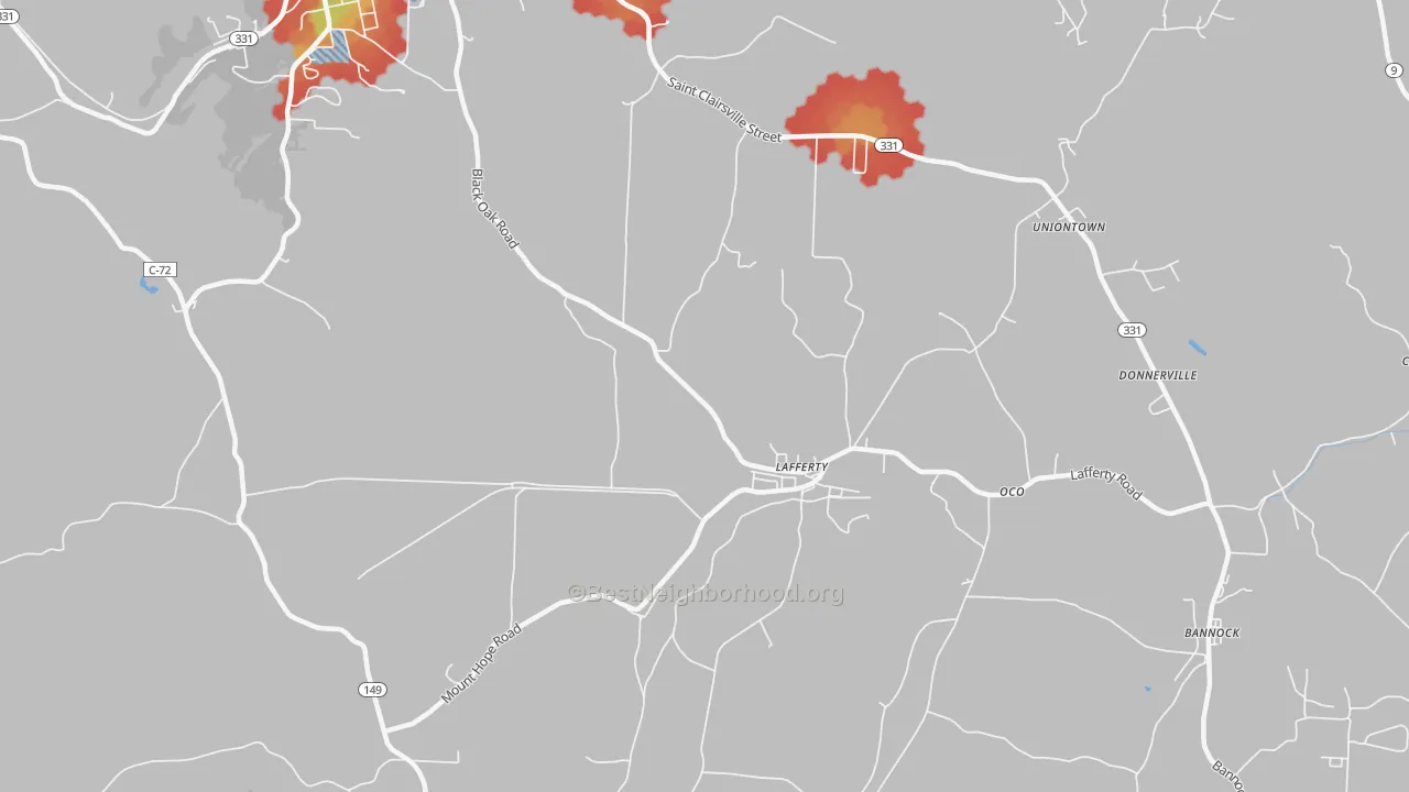 Walk Grade map of Lafferty, OH, walkable areas in green and car-dependent areas in red