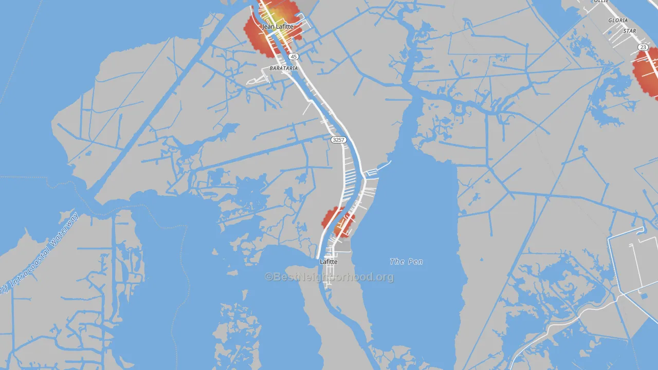 Walk Grade map of Lafitte, LA, walkable areas in green and car-dependent areas in red
