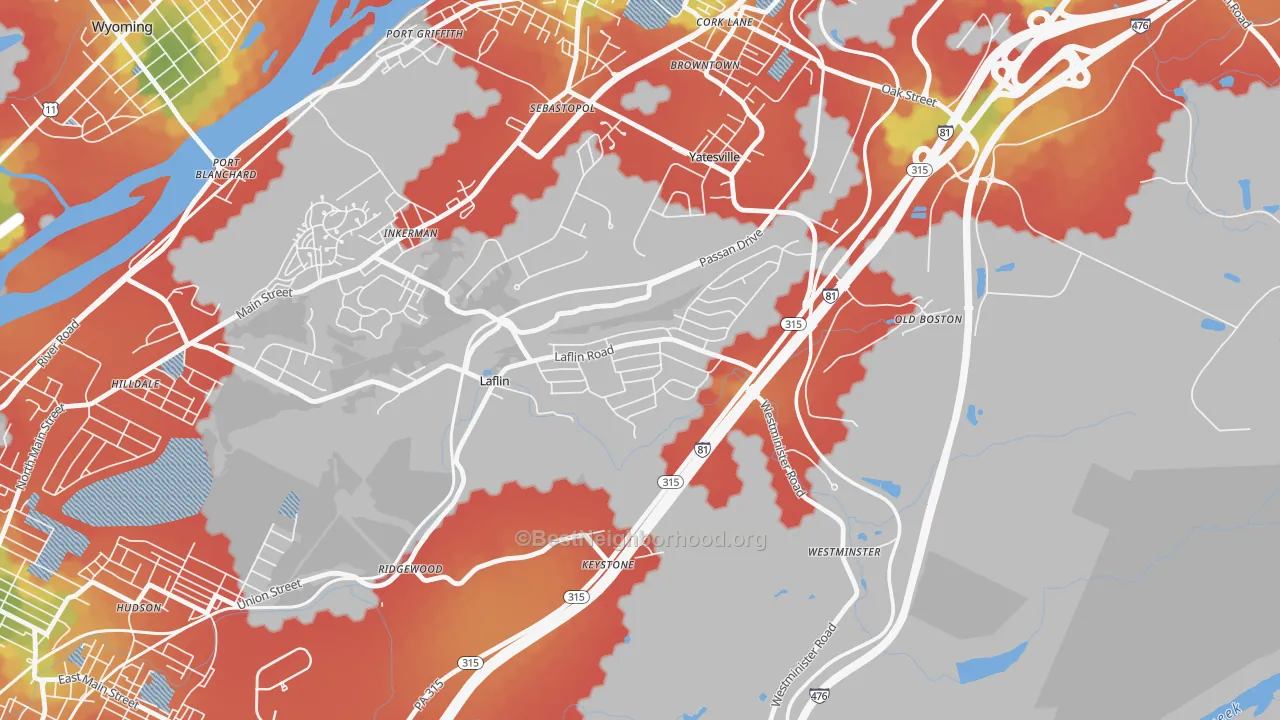 Walk Grade map of Laflin, PA, walkable areas in green and car-dependent areas in red