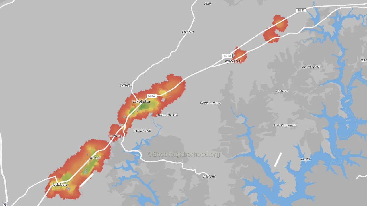 Walk Grade map of Lafollette, TN, walkable areas in green and car-dependent areas in red