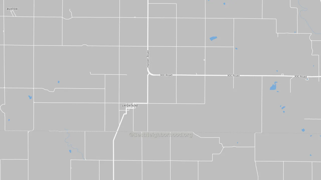Walk Grade map of Lafontaine, KS, walkable areas in green and car-dependent areas in red