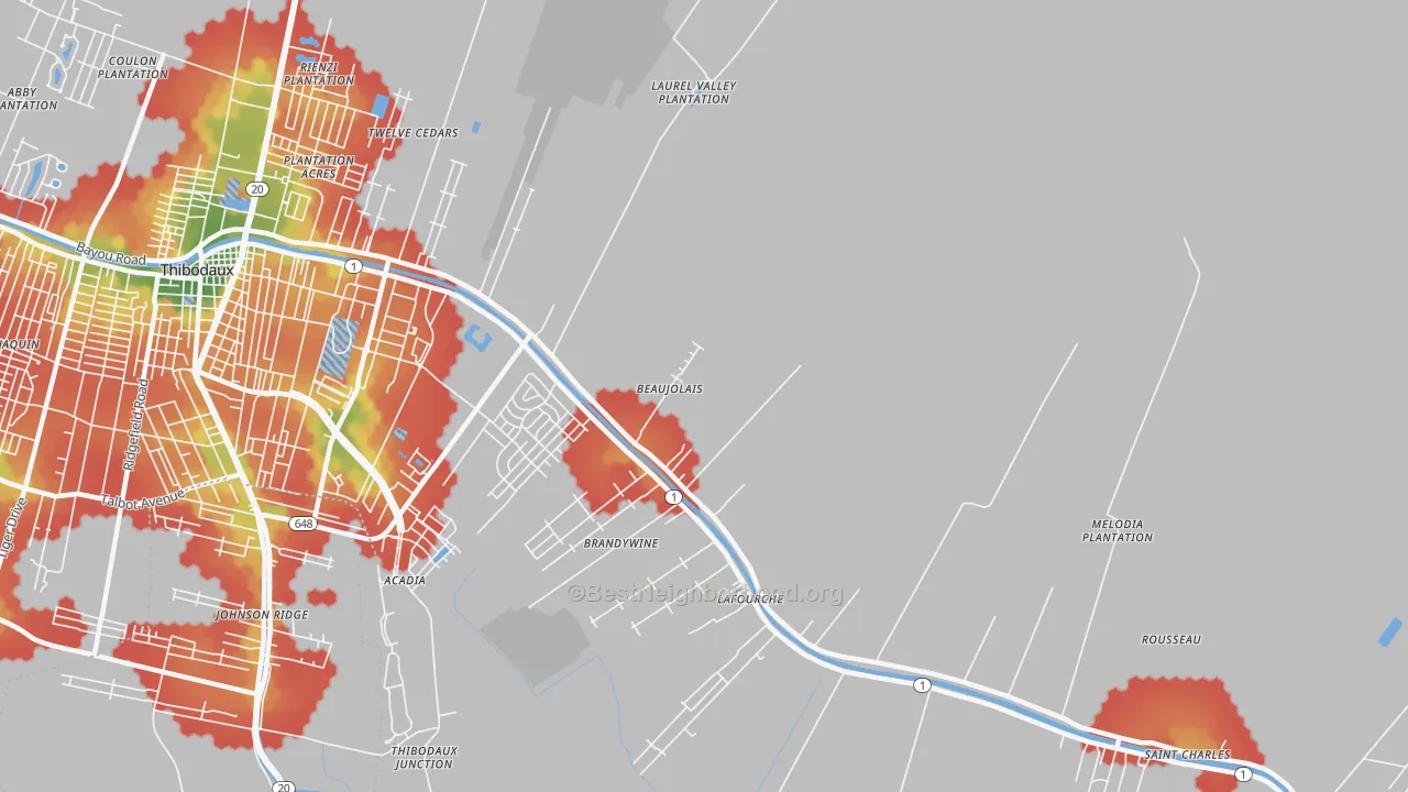 Walk Grade map of Lafourche, LA, walkable areas in green and car-dependent areas in red
