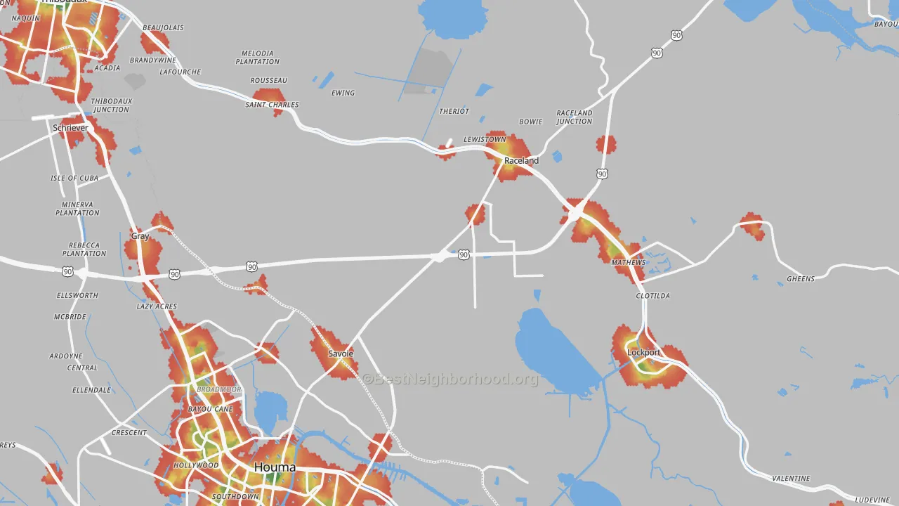 Walk Grade map of Lafourche Parish, LA, walkable areas in green and car-dependent areas in red