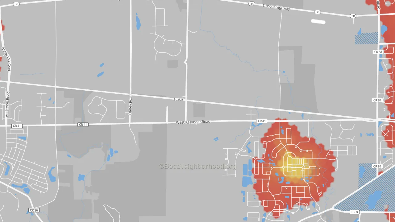 Walk Grade map of Lafox, IL, walkable areas in green and car-dependent areas in red