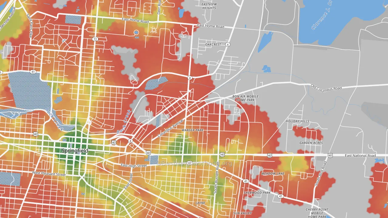 Walk Grade map of Lagonda, Springfield, OH, walkable areas in green and car-dependent areas in red