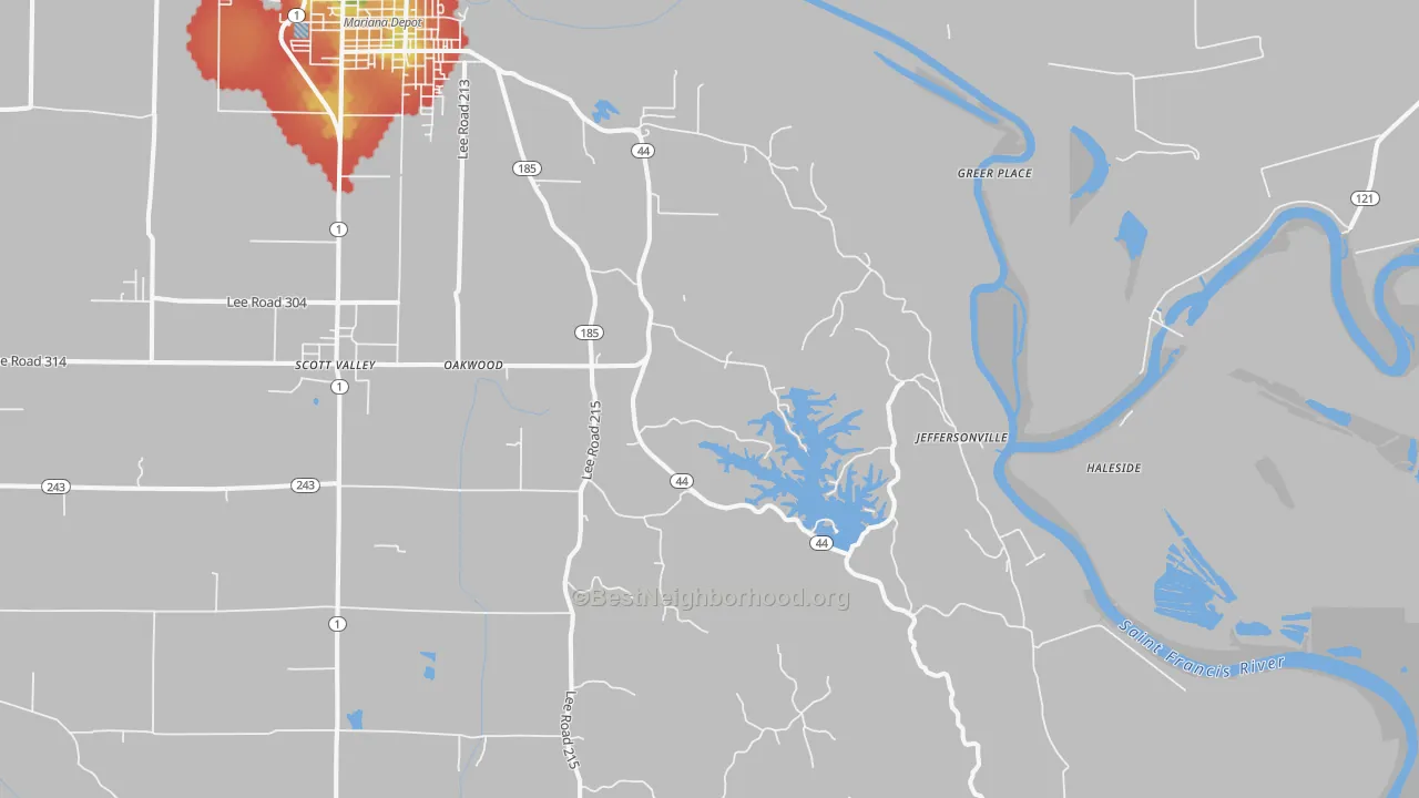 Walk Grade map of Lagrange, AR, walkable areas in green and car-dependent areas in red