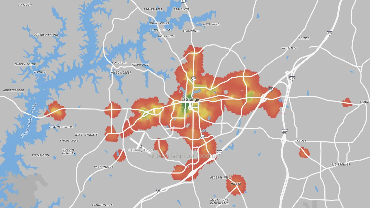 Walk Grade map of Lagrange, GA, walkable areas in green and car-dependent areas in red