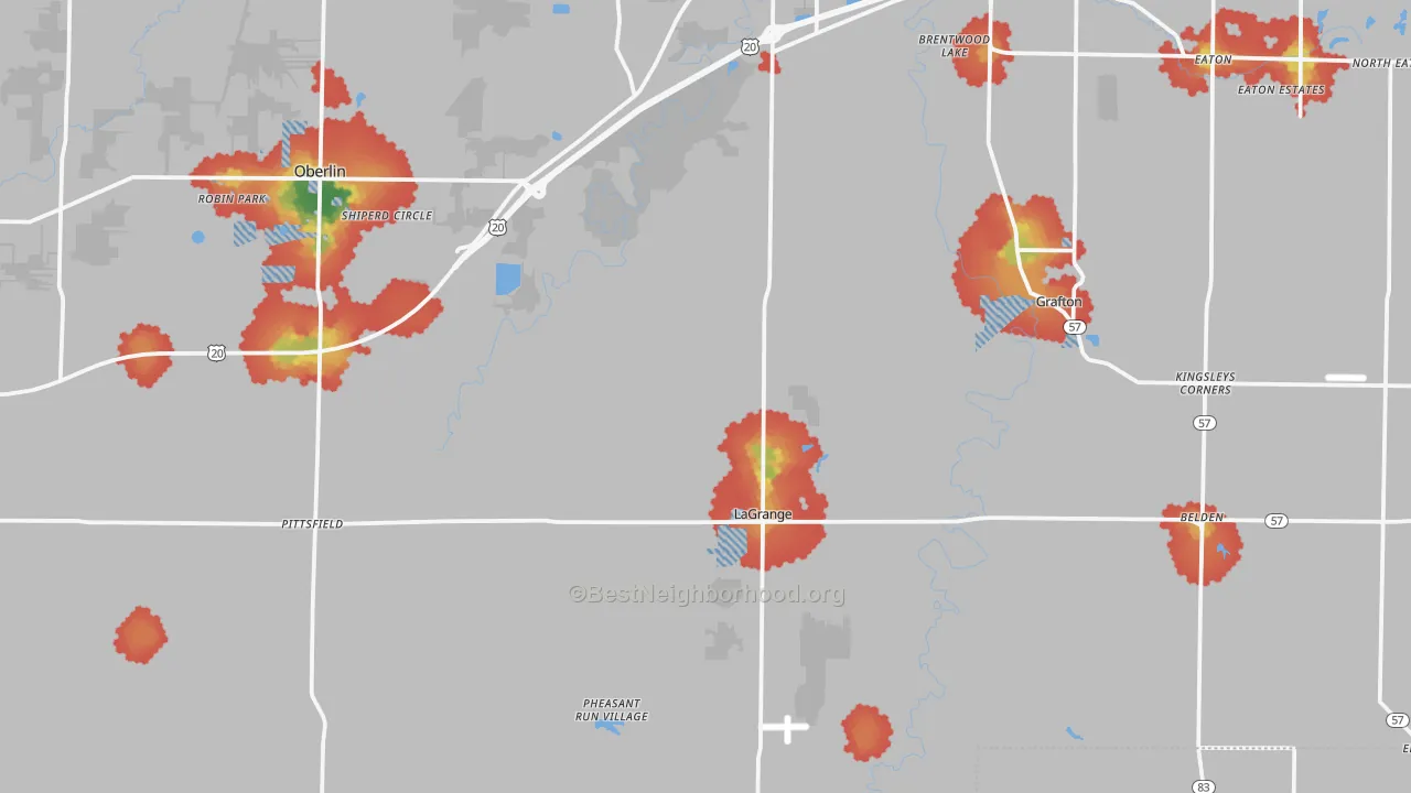 Walk Grade map of Lagrange, OH, walkable areas in green and car-dependent areas in red