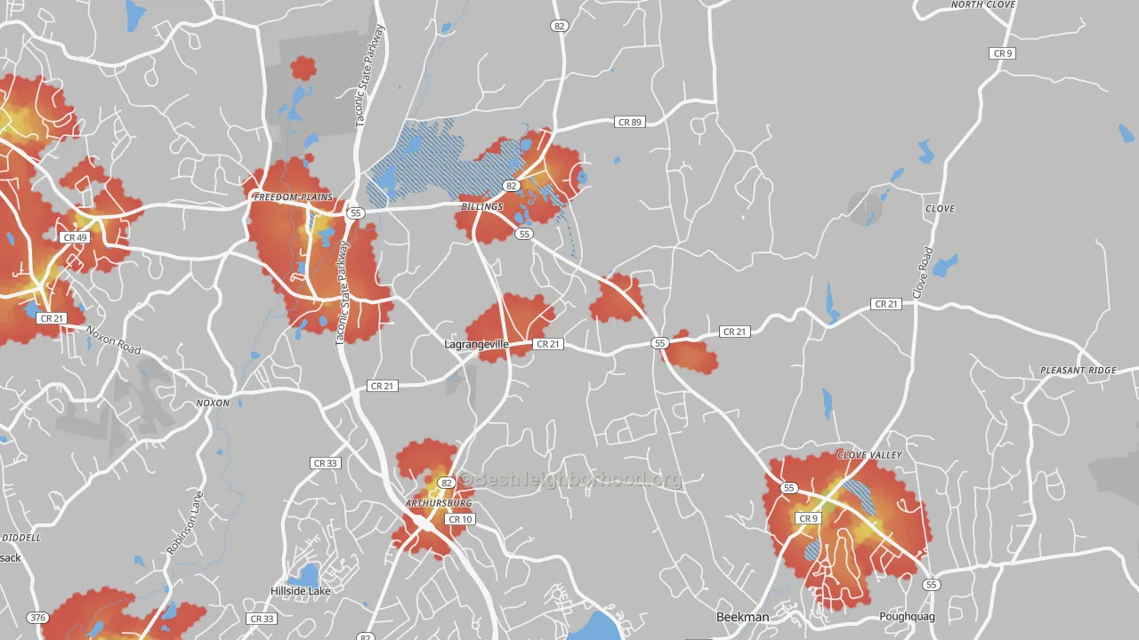 Walk Grade map of Lagrangeville, NY, walkable areas in green and car-dependent areas in red