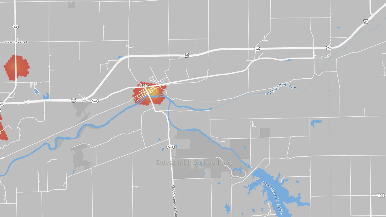 Walk Grade map of Lagro, IN, walkable areas in green and car-dependent areas in red
