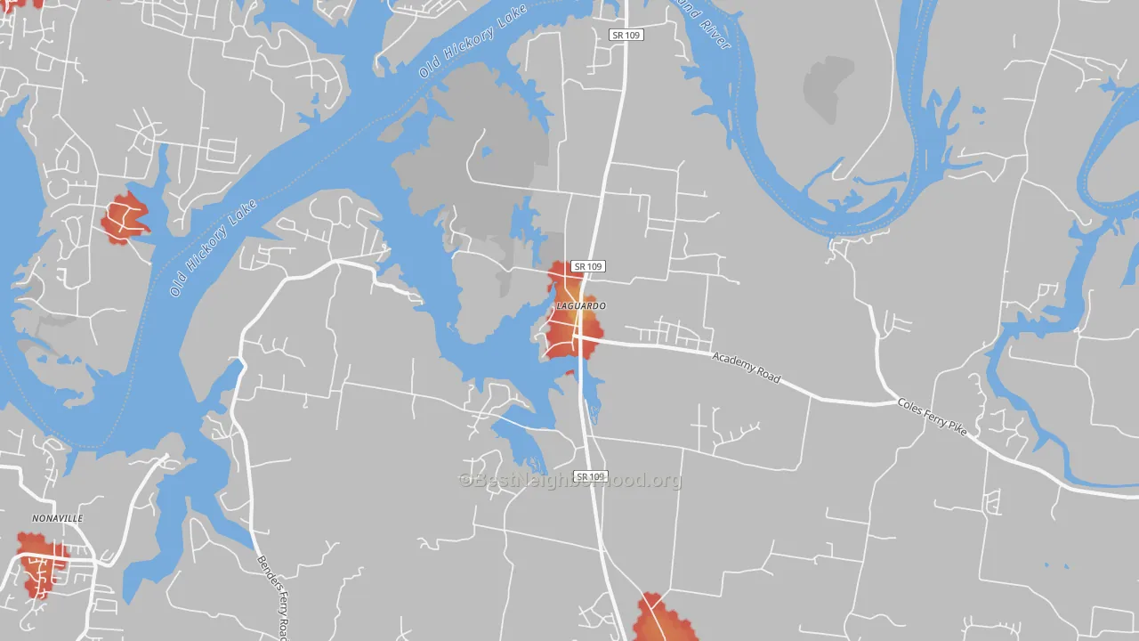 Walk Grade map of Laguardo, TN, walkable areas in green and car-dependent areas in red