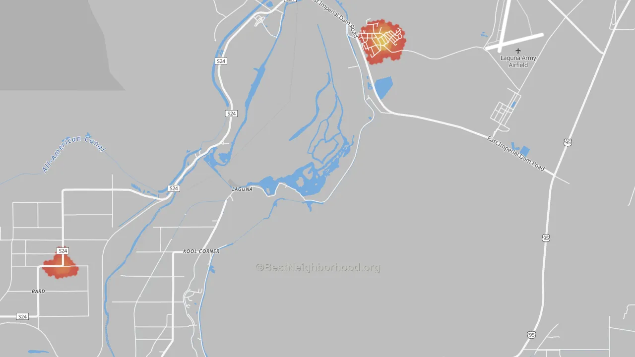 Walk Grade map of Laguna, AZ, walkable areas in green and car-dependent areas in red