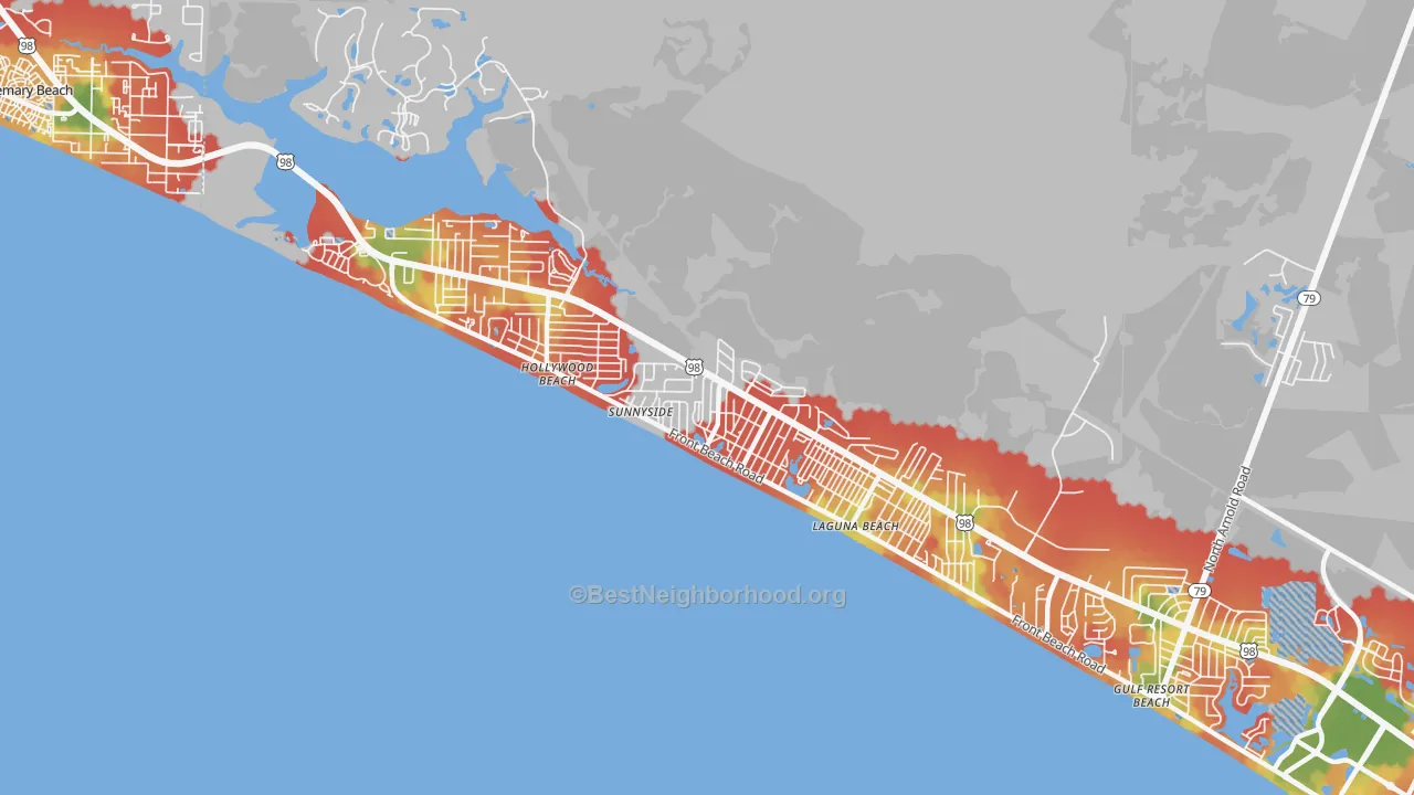 Walk Grade map of Laguna Beach, FL, walkable areas in green and car-dependent areas in red