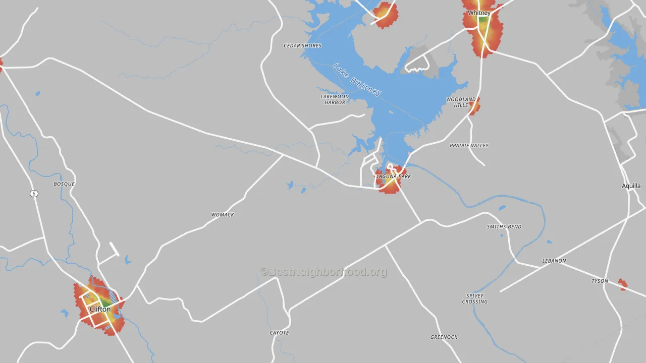 Walk Grade map of Laguna Park, TX, walkable areas in green and car-dependent areas in red