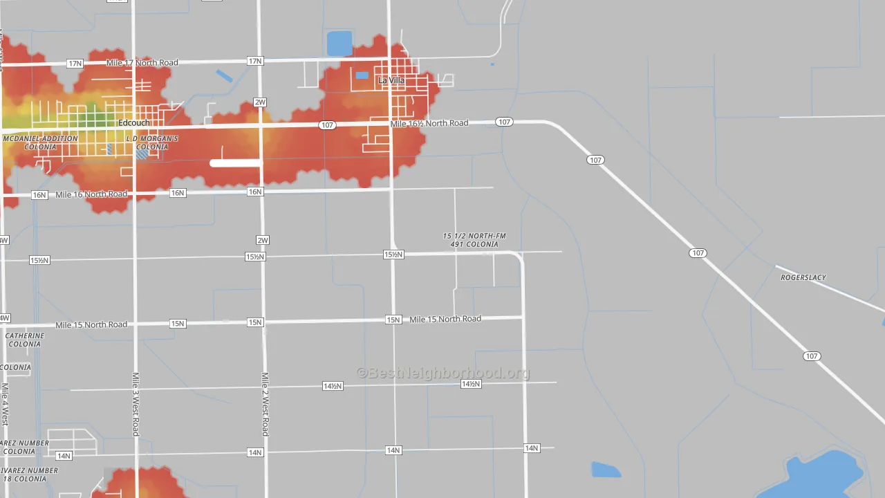 Walk Grade map of Laguna Seca, TX, walkable areas in green and car-dependent areas in red