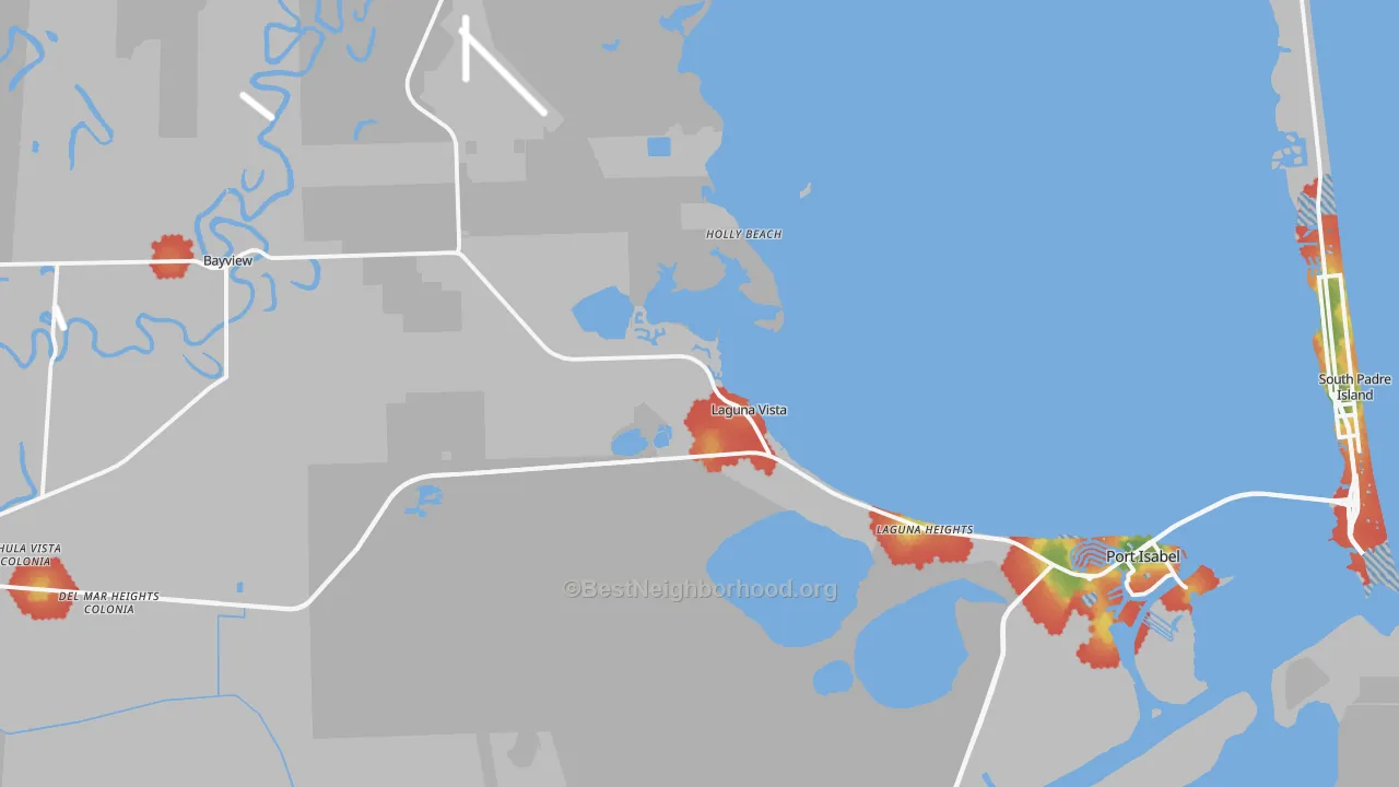 Walk Grade map of Laguna Vista, TX, walkable areas in green and car-dependent areas in red