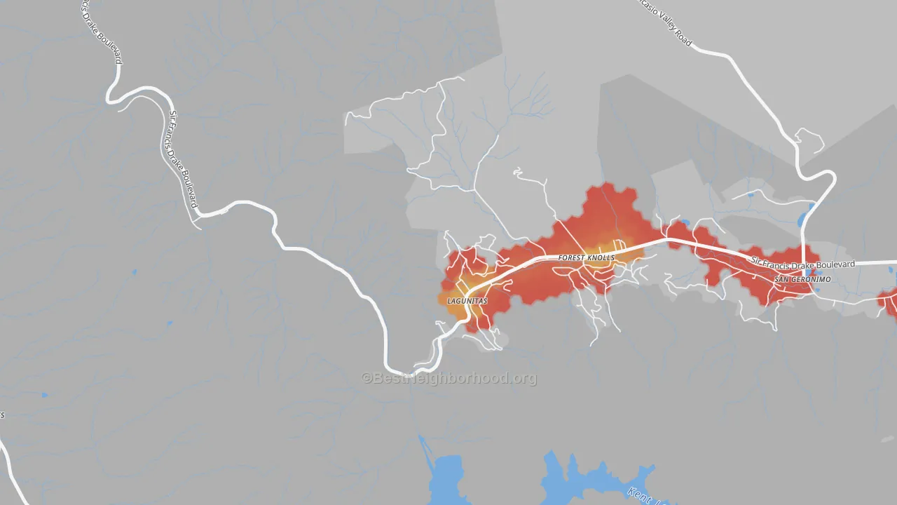 Walk Grade map of Lagunitas, CA, walkable areas in green and car-dependent areas in red