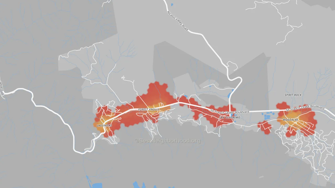 Walk Grade map of Lagunitas-Forest Knolls, CA, walkable areas in green and car-dependent areas in red