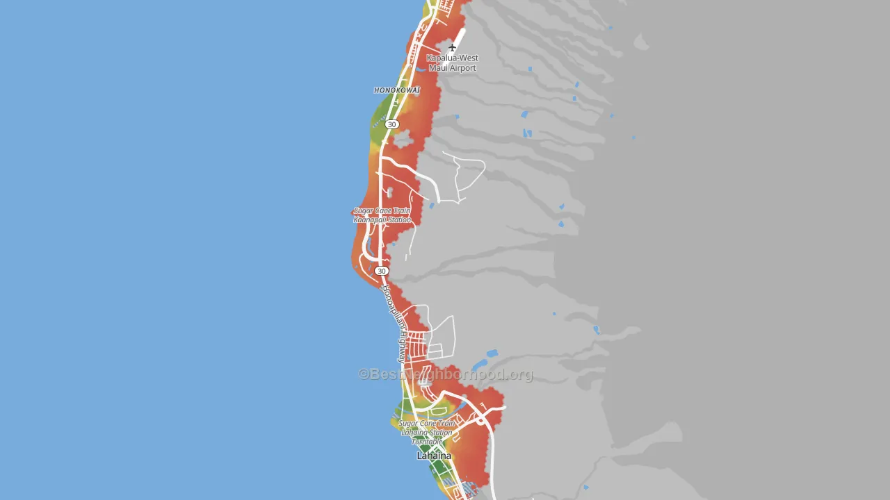 Walk Grade map of Lahaina, HI, walkable areas in green and car-dependent areas in red