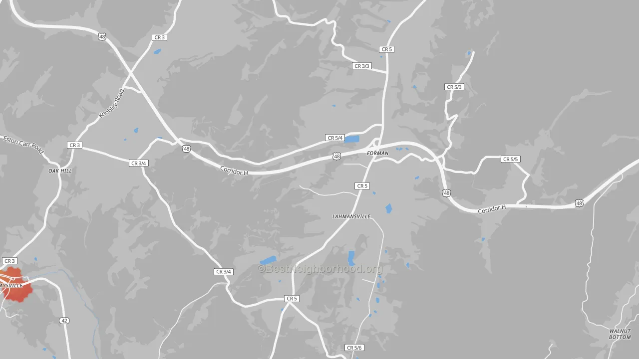 Walk Grade map of Lahmansville, WV, walkable areas in green and car-dependent areas in red