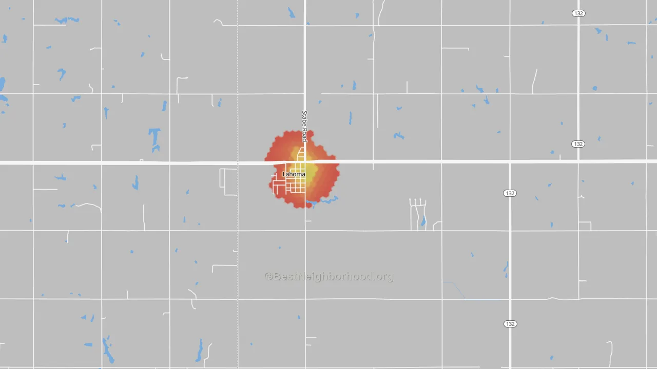 Walk Grade map of Lahoma, OK, walkable areas in green and car-dependent areas in red