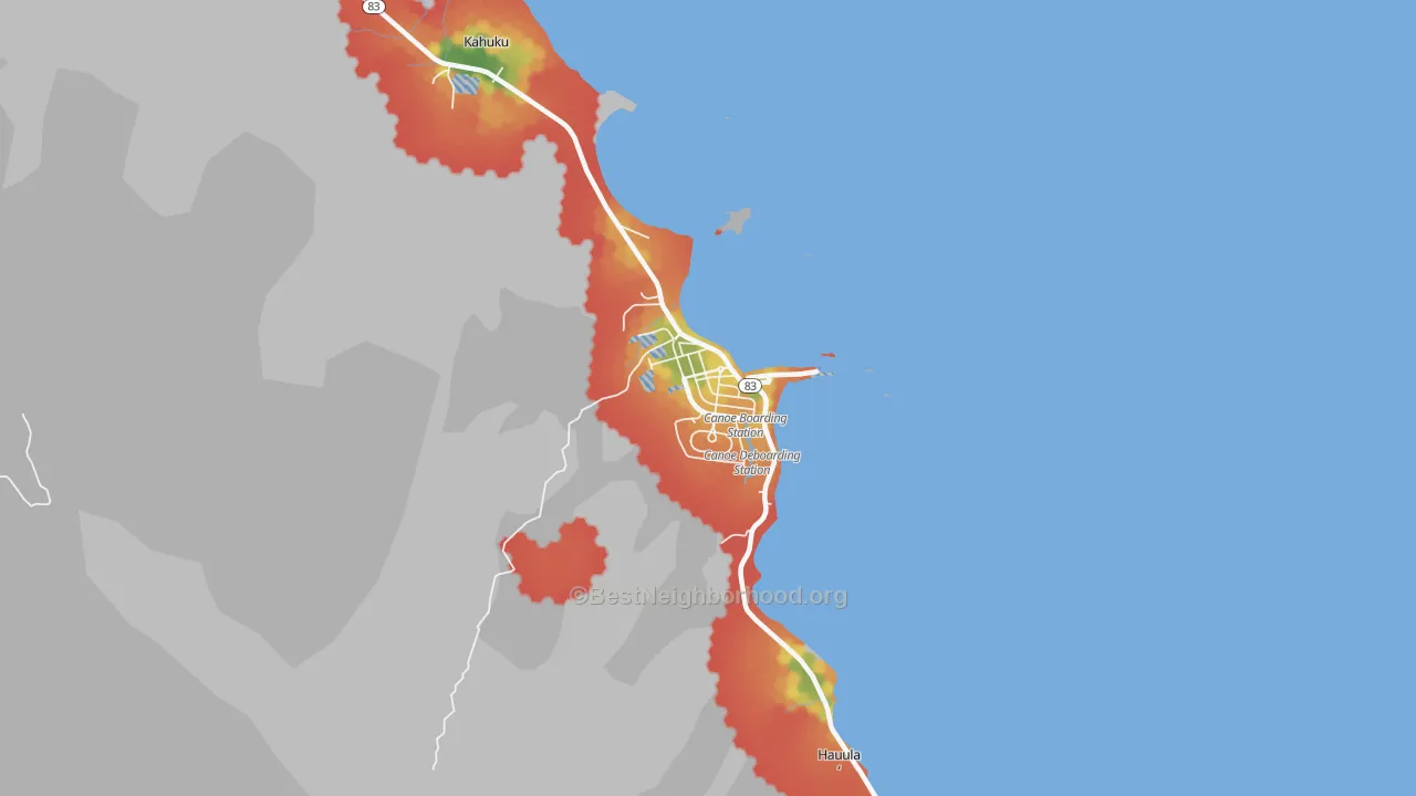 Walk Grade map of Laie, HI, walkable areas in green and car-dependent areas in red