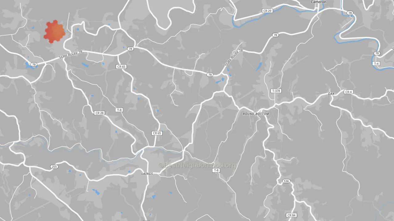 Walk Grade map of Laings, OH, walkable areas in green and car-dependent areas in red