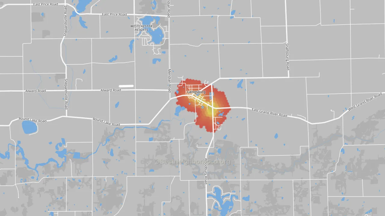Walk Grade map of Laingsburg, MI, walkable areas in green and car-dependent areas in red