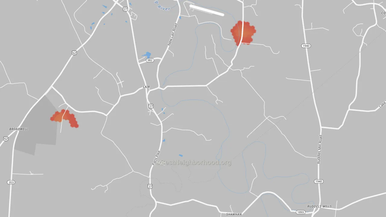Walk Grade map of Lair, KY, walkable areas in green and car-dependent areas in red
