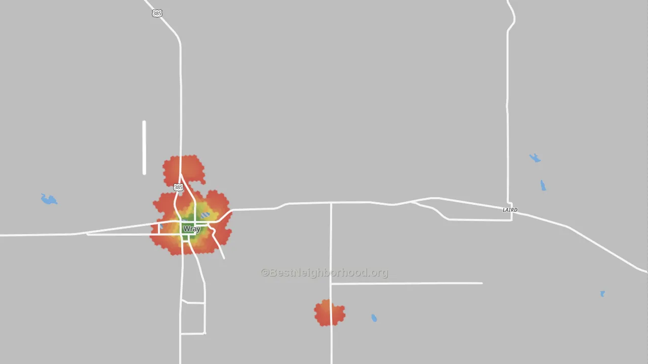 Walk Grade map of Laird, CO, walkable areas in green and car-dependent areas in red