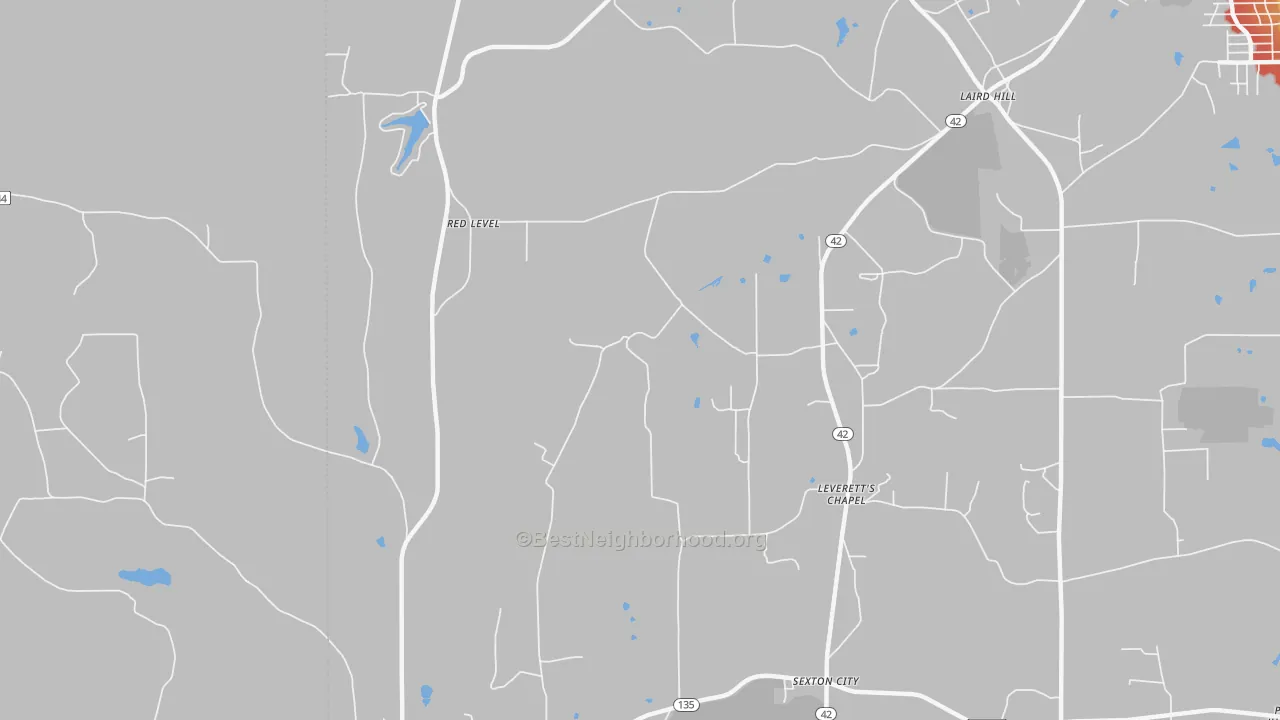 Walk Grade map of Laird Hill, TX, walkable areas in green and car-dependent areas in red
