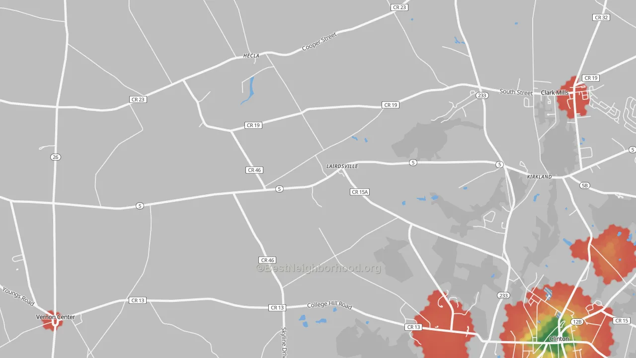 Walk Grade map of Lairdsville, NY, walkable areas in green and car-dependent areas in red