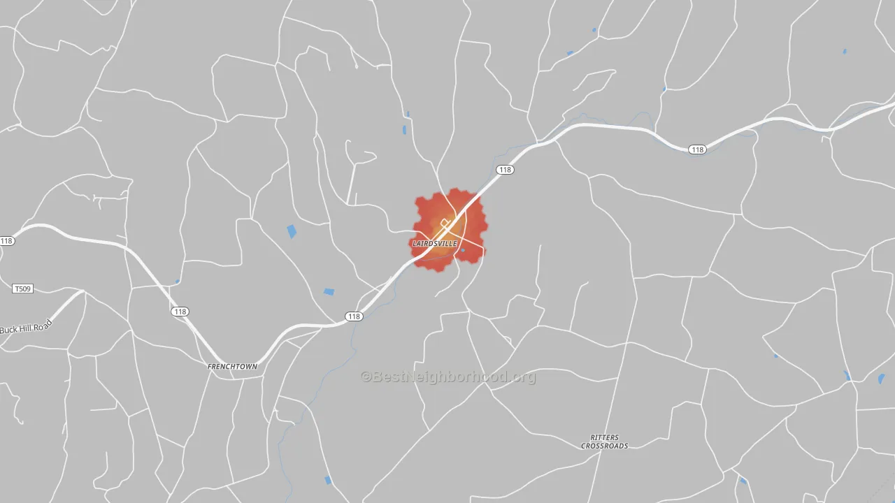 Walk Grade map of Lairdsville, PA, walkable areas in green and car-dependent areas in red