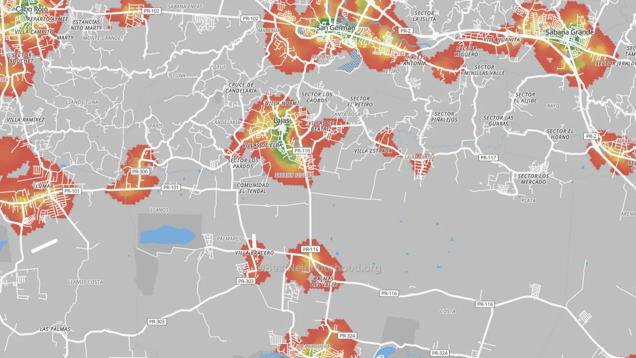 Walk Grade map of Lajas Municipio, PR, walkable areas in green and car-dependent areas in red