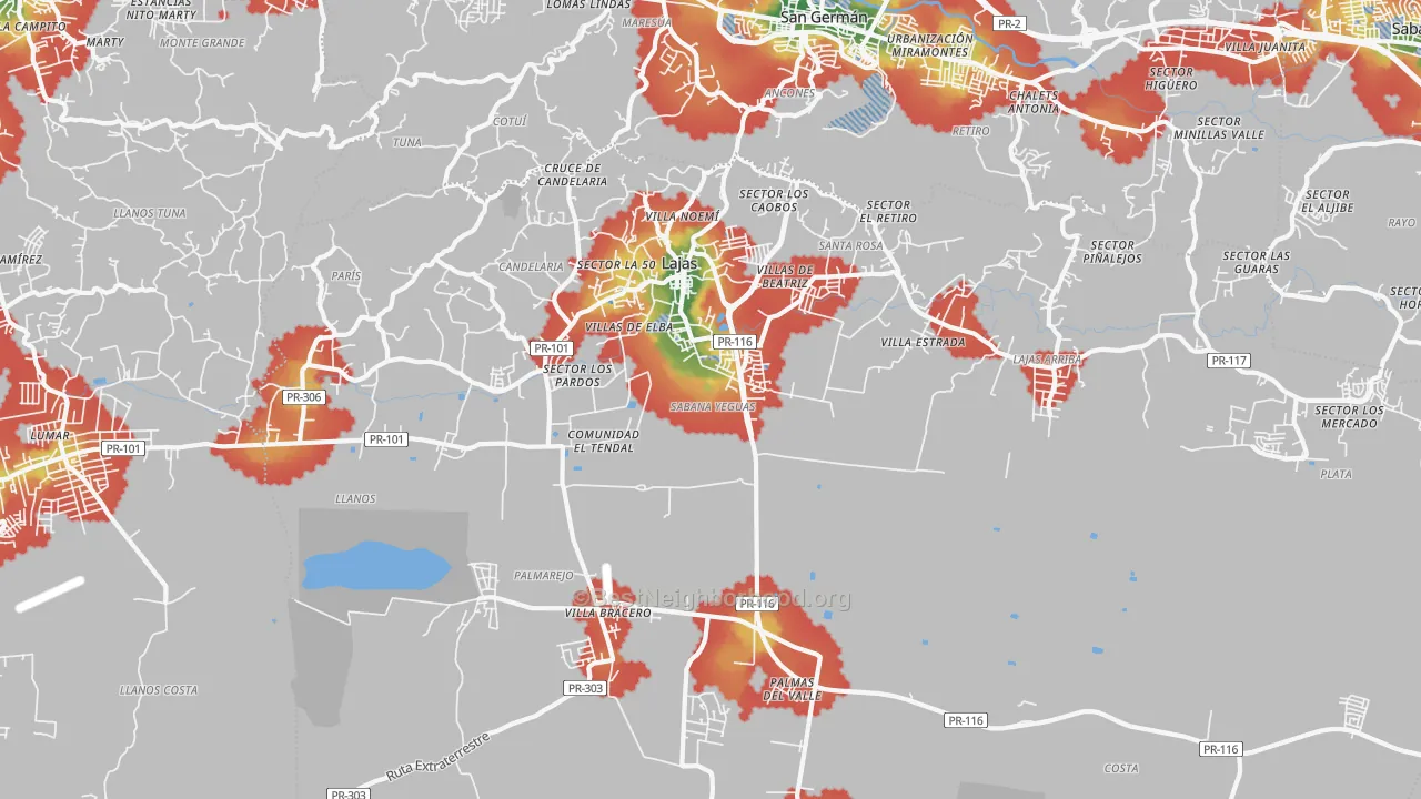 Walk Grade map of Lajas, PR, walkable areas in green and car-dependent areas in red