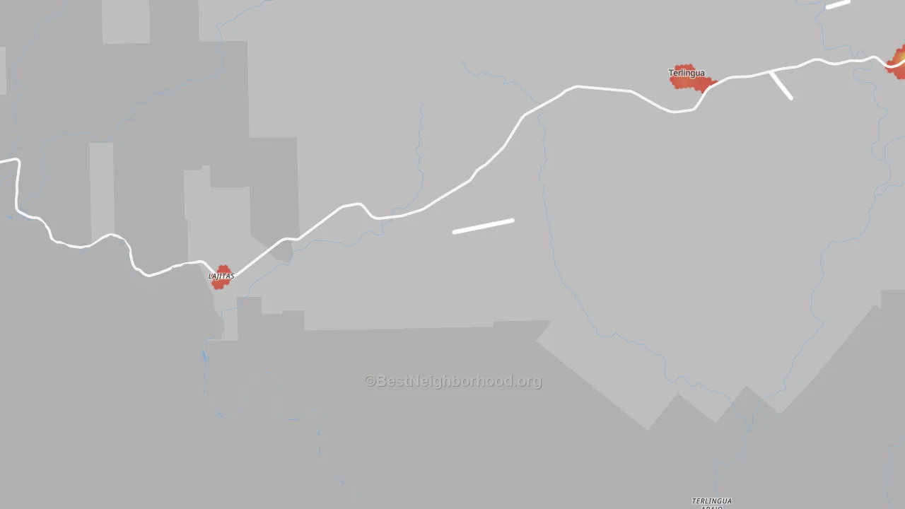 Walk Grade map of Lajitas, TX, walkable areas in green and car-dependent areas in red