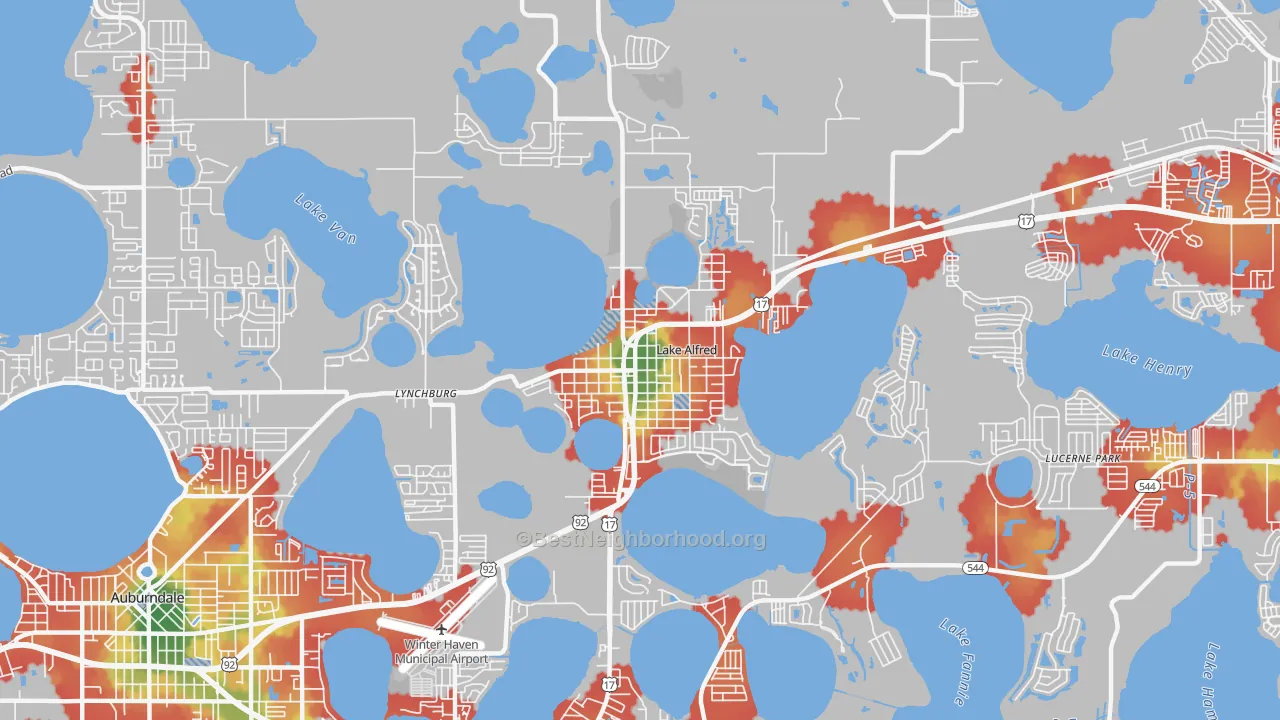 Walk Grade map of Lake Alfred, FL, walkable areas in green and car-dependent areas in red