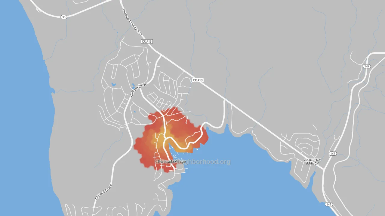 Walk Grade map of Lake Almanor, CA, walkable areas in green and car-dependent areas in red