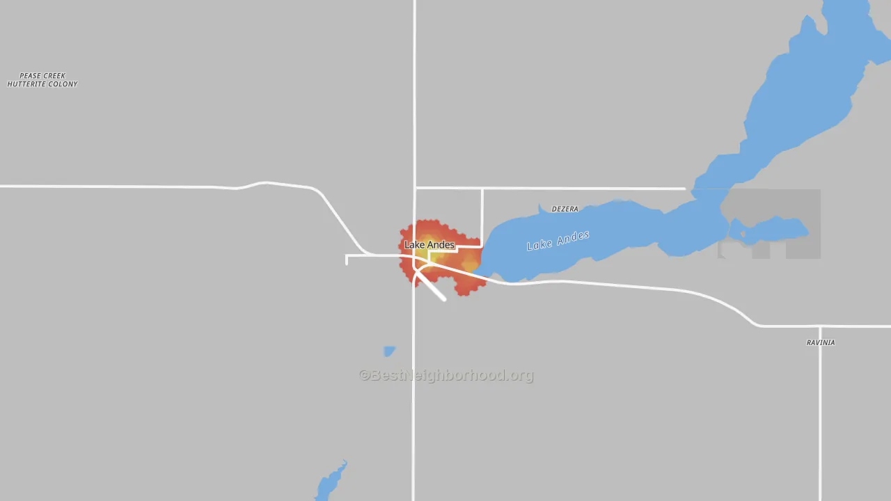 Walk Grade map of Lake Andes, SD, walkable areas in green and car-dependent areas in red