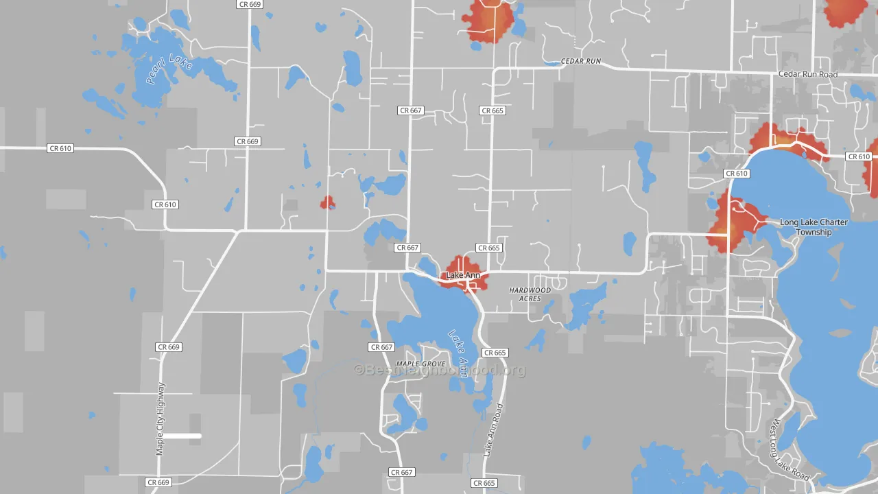 Walk Grade map of Lake Ann, MI, walkable areas in green and car-dependent areas in red