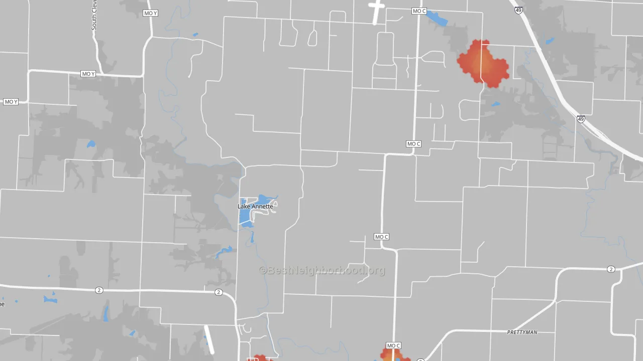 Walk Grade map of Lake Annette, MO, walkable areas in green and car-dependent areas in red