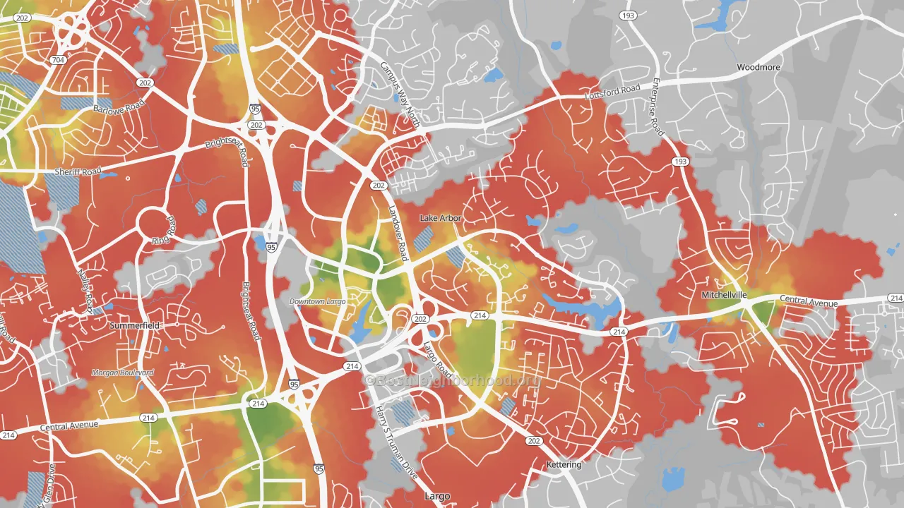 Walk Grade map of Lake Arbor, MD, walkable areas in green and car-dependent areas in red