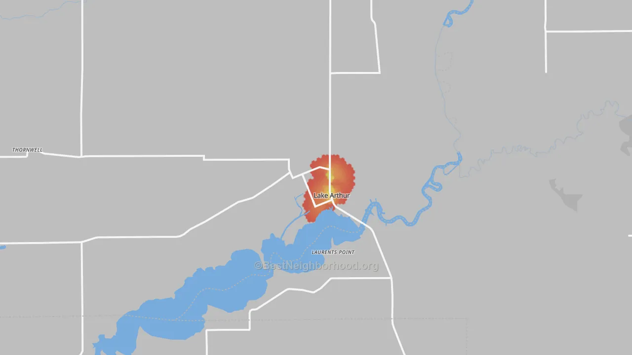 Walk Grade map of Lake Arthur, LA, walkable areas in green and car-dependent areas in red