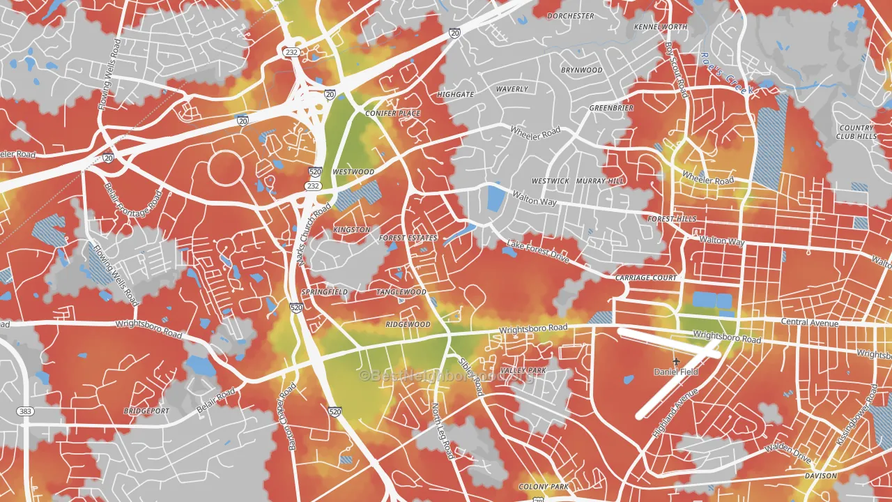 Walk Grade map of Lake Aumond, Augusta, GA, walkable areas in green and car-dependent areas in red