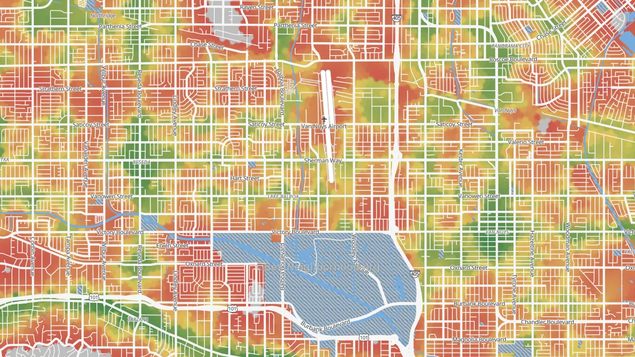 Walk Grade map of Lake Balboa, Van Nuys, CA, walkable areas in green and car-dependent areas in red