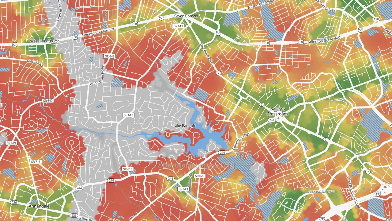 Walk Grade map of Lake Barcroft, Falls Church, VA, walkable areas in green and car-dependent areas in red