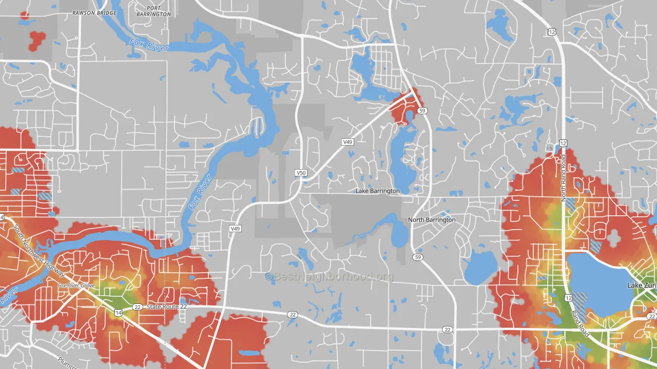 Walk Grade map of Lake Barrington, IL, walkable areas in green and car-dependent areas in red