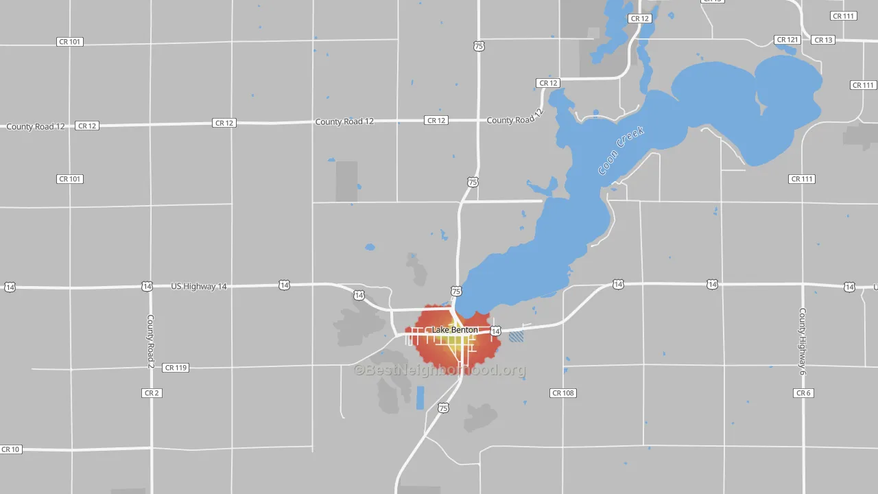 Walk Grade map of Lake Benton, MN, walkable areas in green and car-dependent areas in red