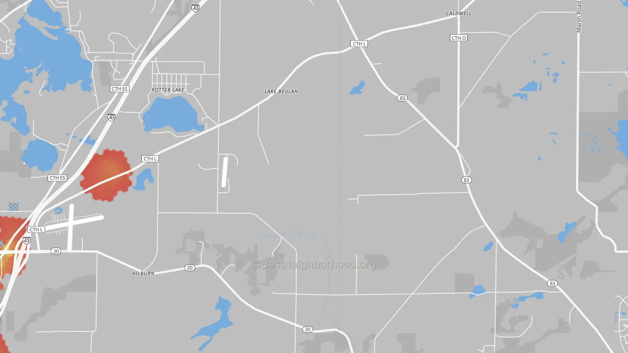 Walk Grade map of Lake Beulah, WI, walkable areas in green and car-dependent areas in red